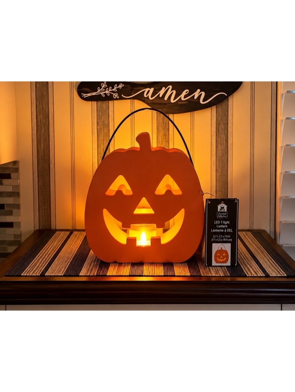 Halloween Pumpkin LED T-Light Lantern with Handle - Decorative Orange Jack-O'-L'